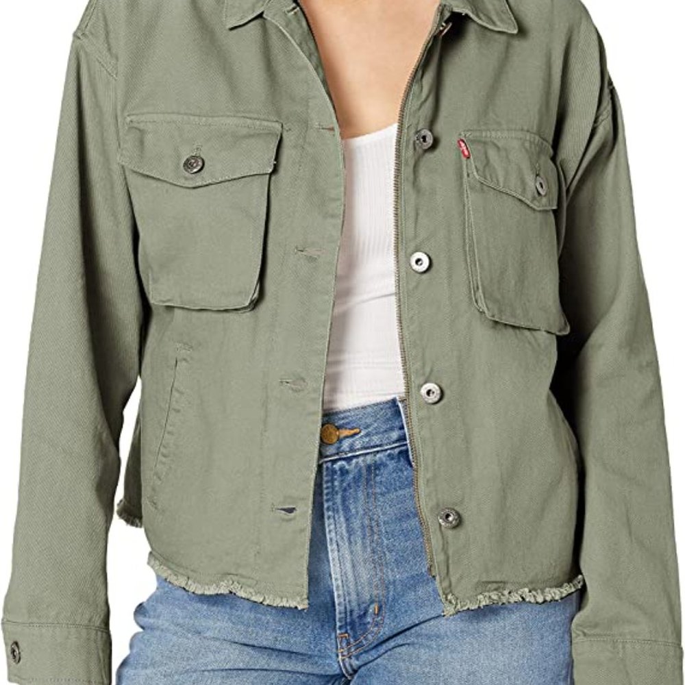 Levi's Women's Cotton Twill Cropped Raw Hem Utility Jacket, Sea Green, Small